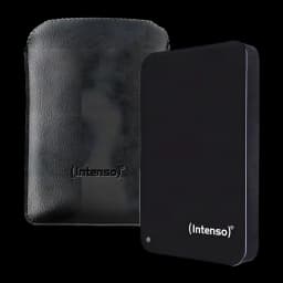 Intenso Memory Drive 2TB preto, vista frontal: disco rígido ao lado de bolsa de couro preta com logo Intenso
