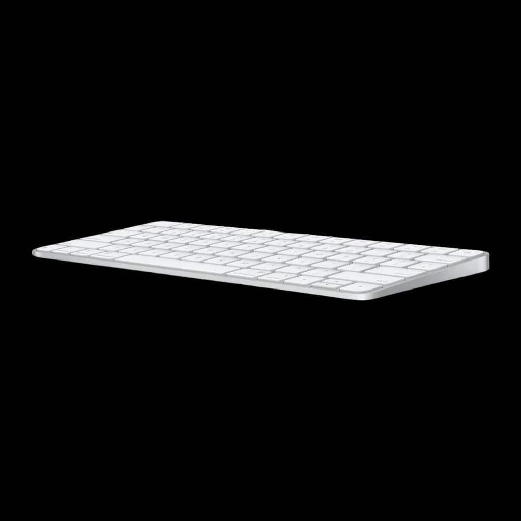 Apple Magic Keyboard QWERTY Espagnol Blanc, vue latérale en perspective: profil fin et châssis en aluminium argenté