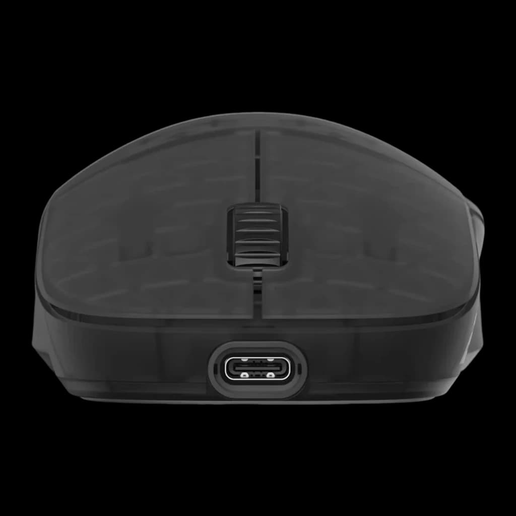 Endgame Gear XM2w 4K Wireless Dark Frost, vista frontal: carcaça translúcida escura, roda de scroll e porta USB-C visíveis