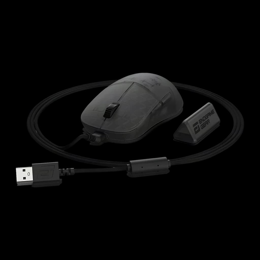 Endgame Gear XM2w 4K Wireless Dark Frost, acessórios: rato com cabo USB, recetor sem fios e dongle em fundo preto
