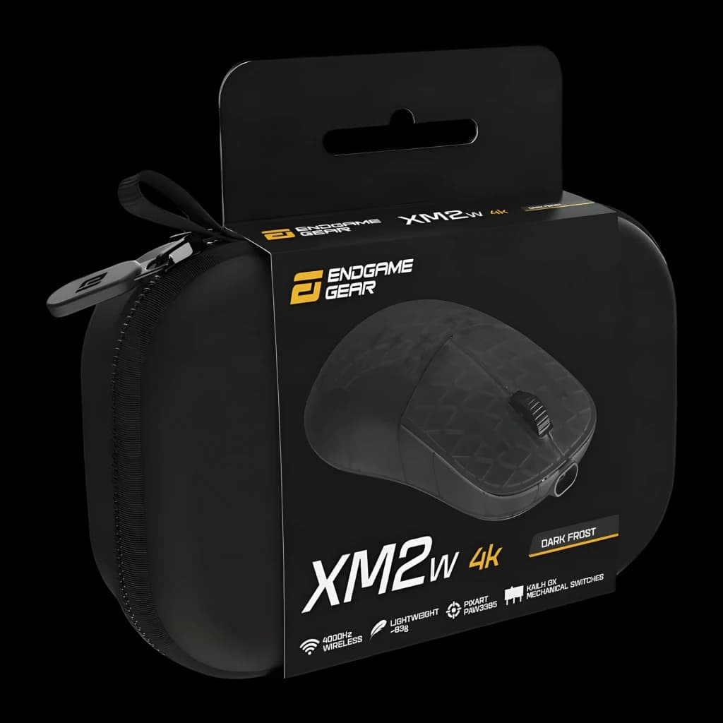 Endgame Gear XM2w 4k Wireless Dark Frost, embalagem: caixa preta com rato e estojo de transporte com fecho incluído