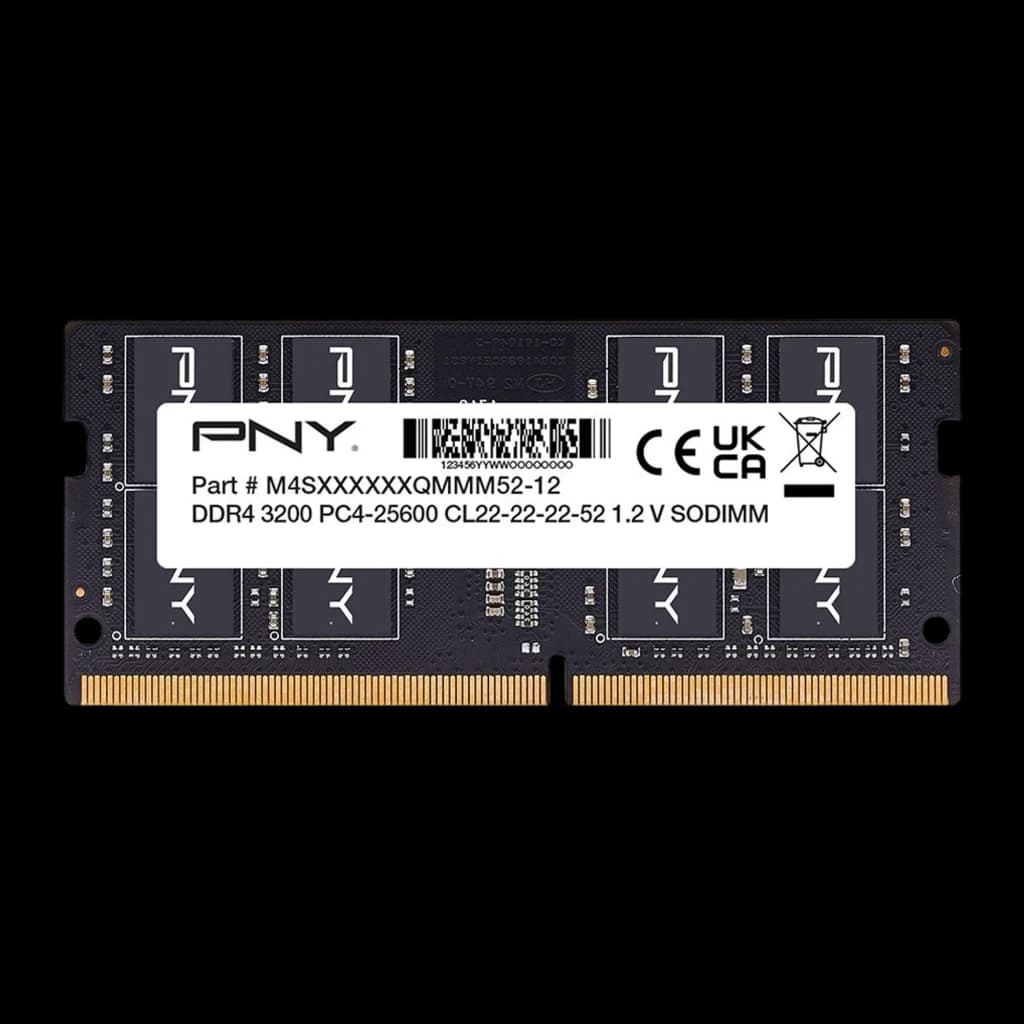 PNY Performance 16GB DDR4 SO-DIMM negro, vista frontal: etiqueta con especificaciones DDR4 3200 y contactos dorados
