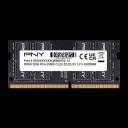 PNY Performance 16GB DDR4 SO-DIMM negro, vista frontal: etiqueta con especificaciones DDR4 3200 y contactos dorados