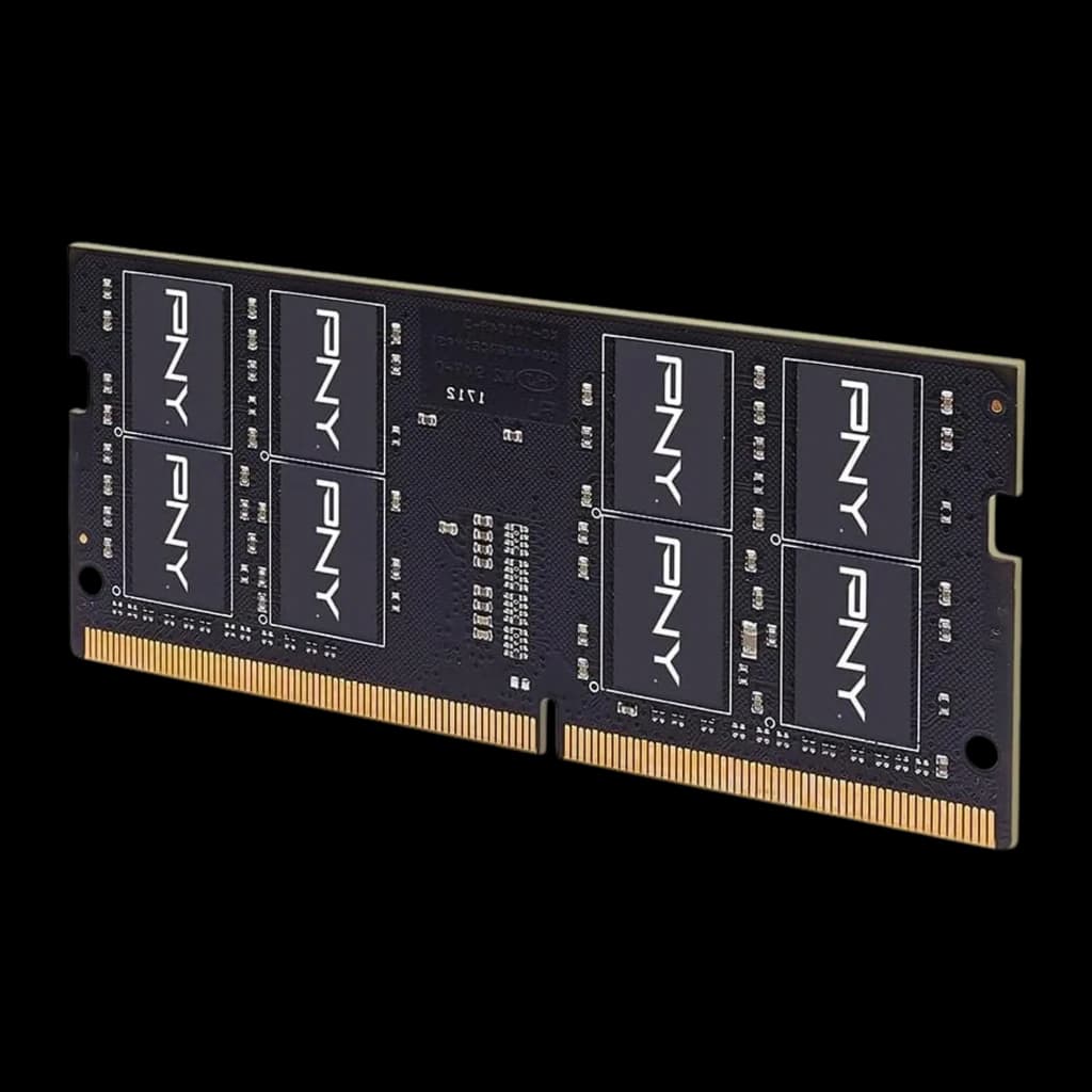 PNY Performance 16GB DDR4 SO-DIMM negro, vista en ángulo trasero: chips de memoria con logo PNY y conector dorado