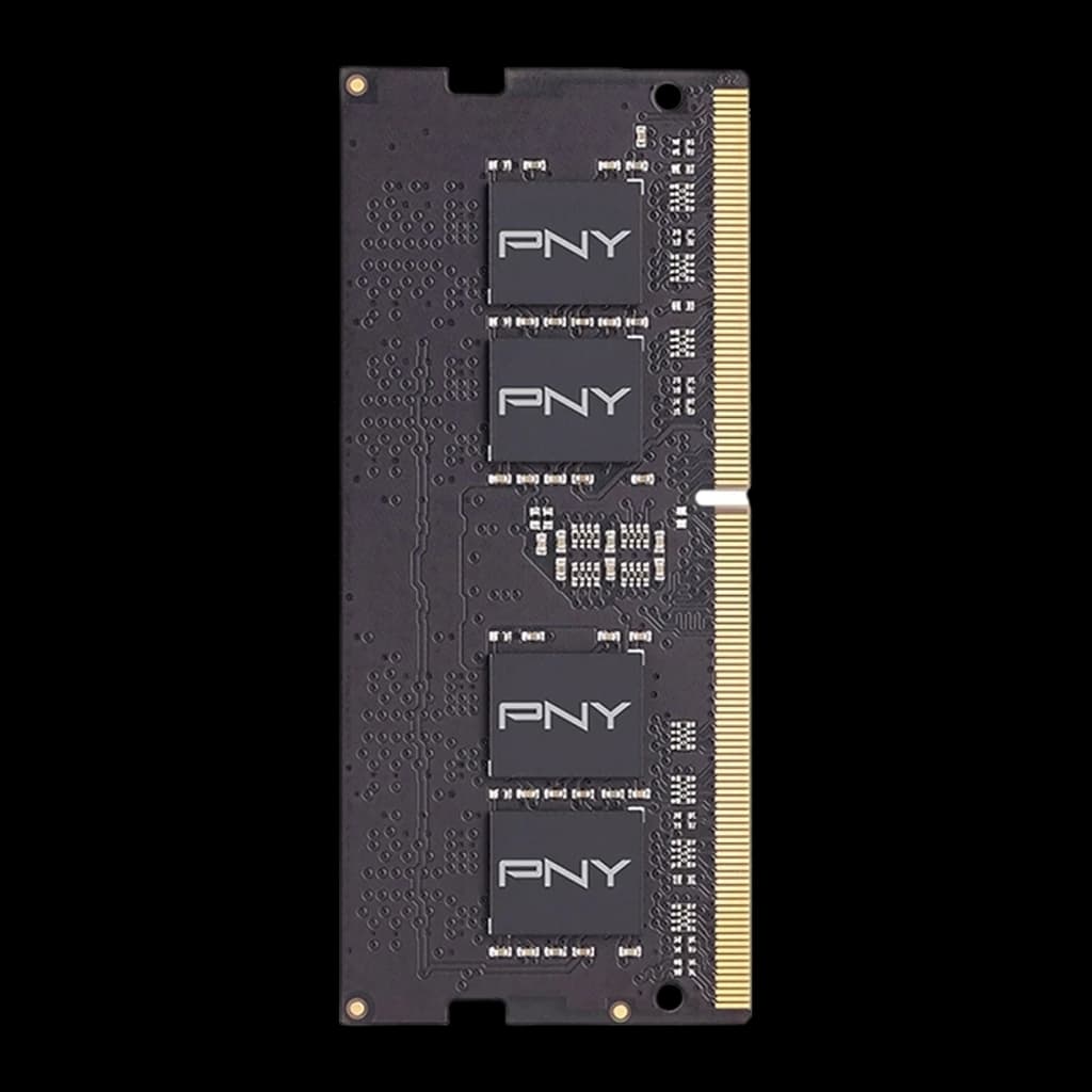 PNY Performance 16GB DDR4 SO-DIMM negro, vista trasera frontal: cuatro chips PNY visibles y conector dorado lateral