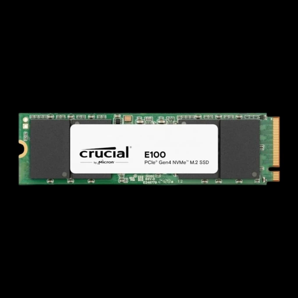Crucial E100 480GB M.2 NVMe, vista frontal: PCB verde con etiqueta blanca y conectores dorados