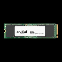 Crucial E100 480GB M.2 NVMe, vista frontal: PCB verde con etiqueta blanca y conectores dorados