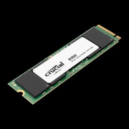 Crucial E100 480GB M.2 NVMe, vista en perspectiva: ángulo diagonal muestra grosor del PCB y chips negros