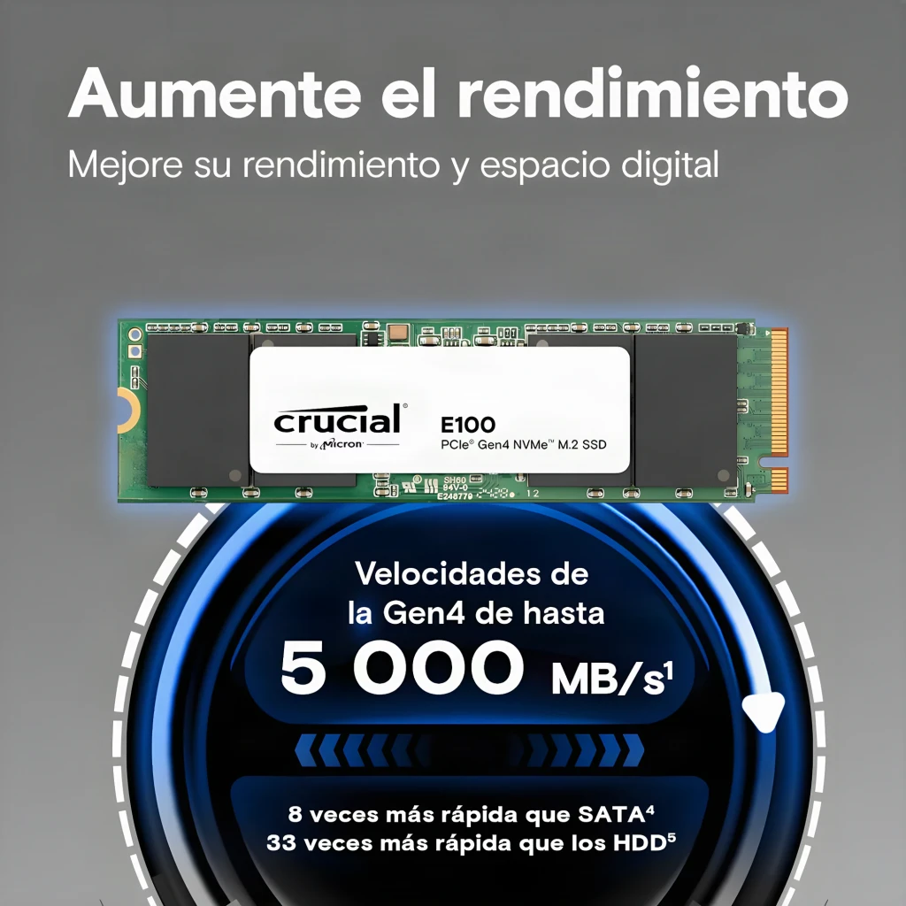 Crucial E100 480GB M.2 NVMe, vista frontal: PCB verde con etiqueta blanca y conectores dorados - Ítem3