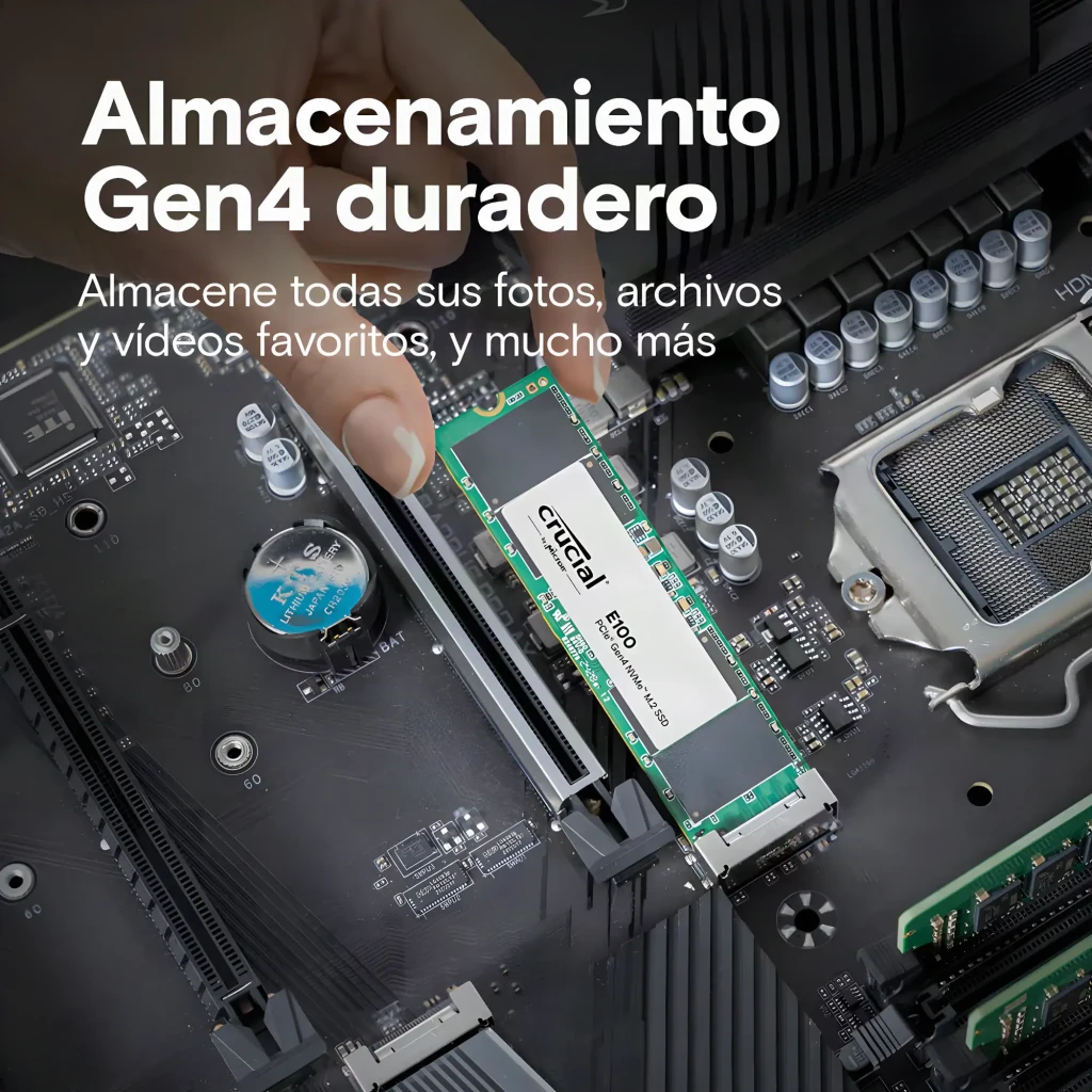 Crucial E100 480GB M.2 NVMe, vista frontal: PCB verde con etiqueta blanca y conectores dorados - Ítem4