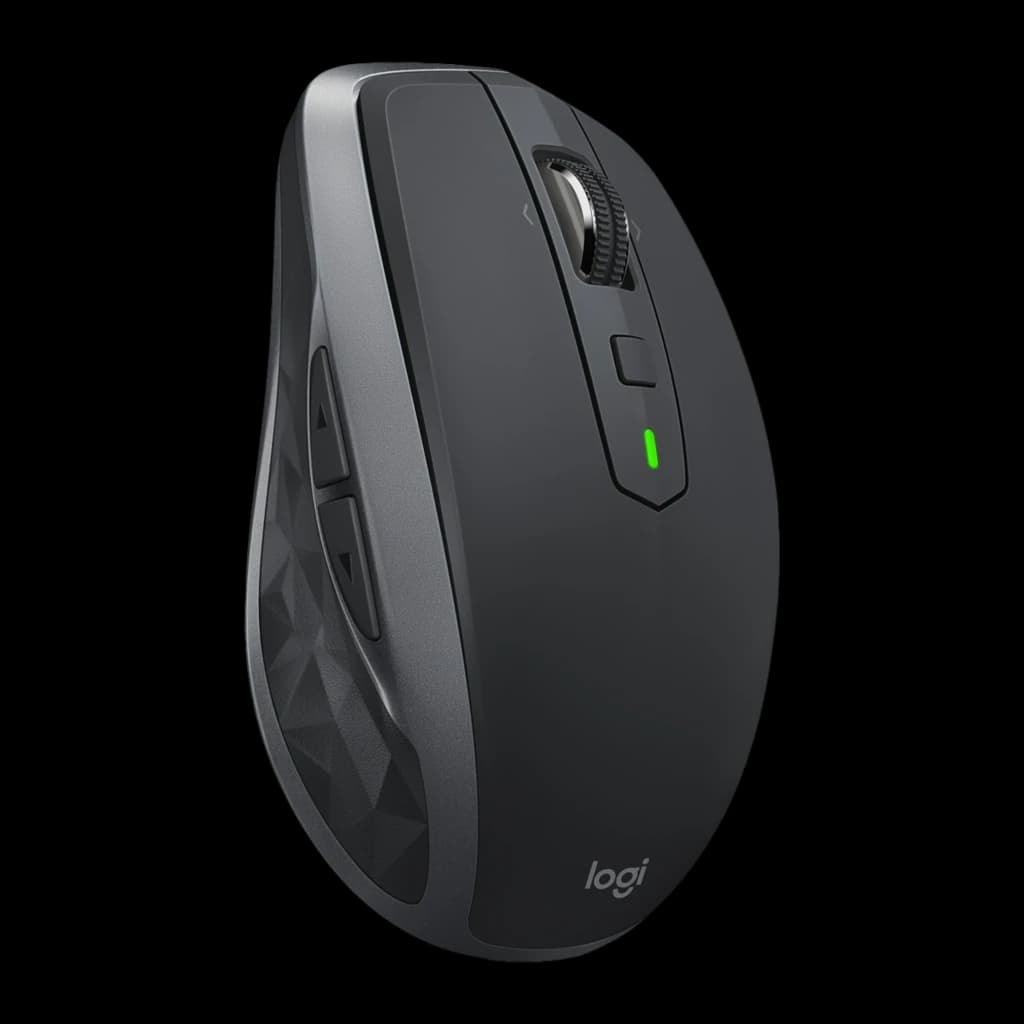 Logitech Rato MX Anywhere 2S Grafite, vista lateral direita: roda de scroll, LED verde e botões laterais visíveis