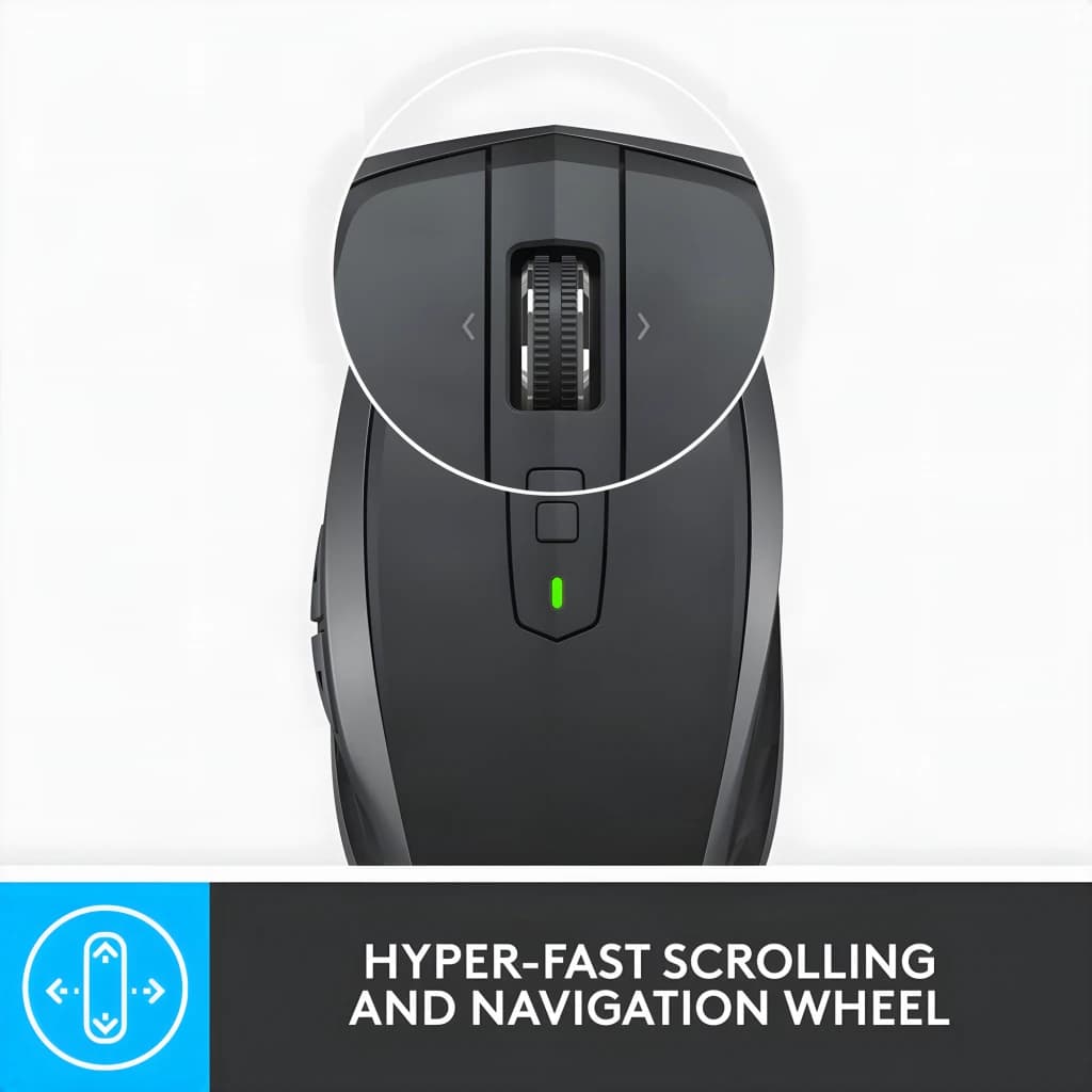 Logitech Rato MX Anywhere 2S Grafite, vista superior: roda de scroll hiper-rápida ampliada com botões de navegação lateral
