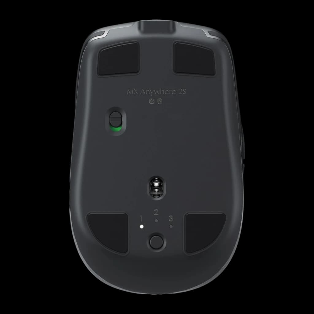 Logitech Rato MX Anywhere 2S Grafite, vista inferior: sensor óptico, seletor de dispositivo e patins deslizantes