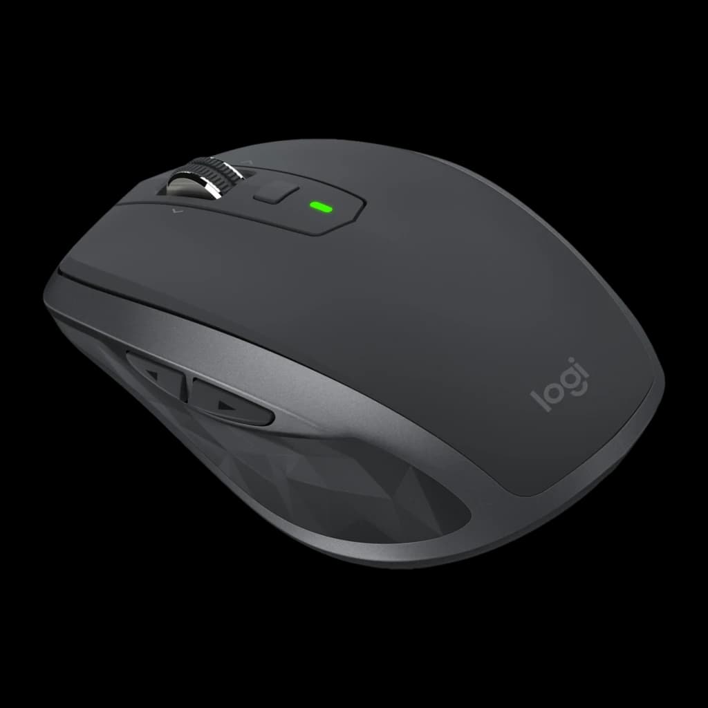 Logitech Rato MX Anywhere 2S Grafite, vista superior em perspetiva: perfil compacto, roda e LED verde de cima