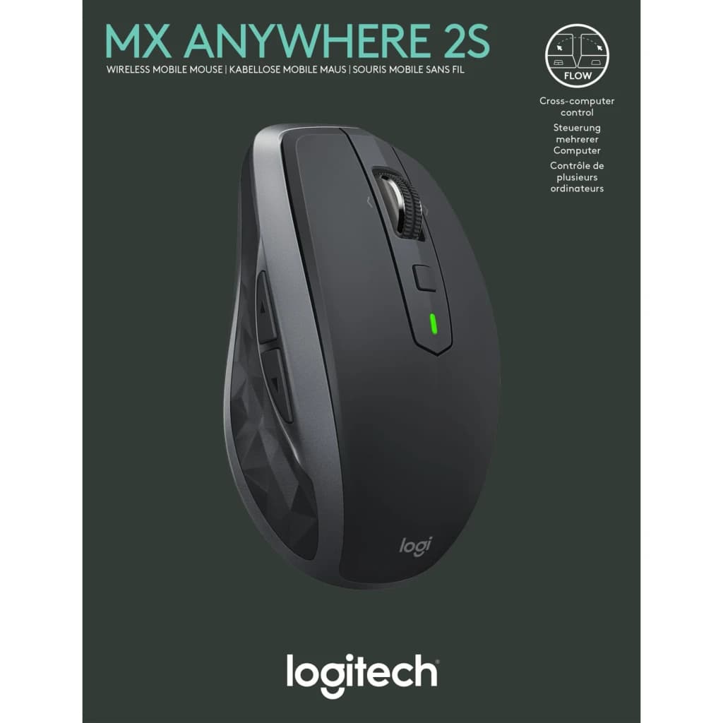 Logitech Rato MX Anywhere 2S Grafite, embalagem: vista frontal da caixa com rato cinzento, roda e LED verde visíveis