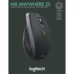 Logitech Rato MX Anywhere 2S Grafite, embalagem: vista frontal da caixa com rato cinzento, roda e LED verde visíveis