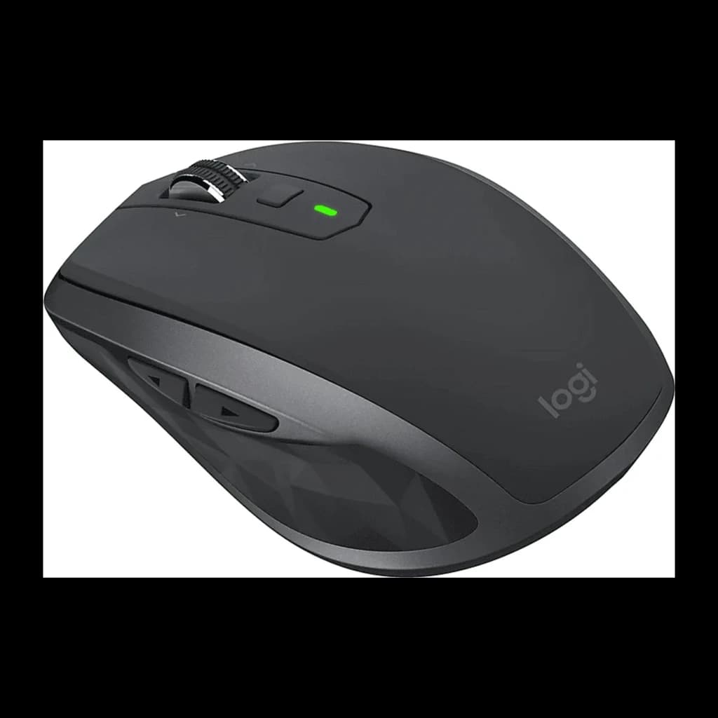 Logitech Rato MX Anywhere 2S Grafite, vista lateral-superior: roda texturizada, LED verde e botões laterais visíveis
