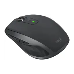 Logitech Rato MX Anywhere 2S Grafite, vista lateral-superior: roda texturizada, LED verde e botões laterais visíveis