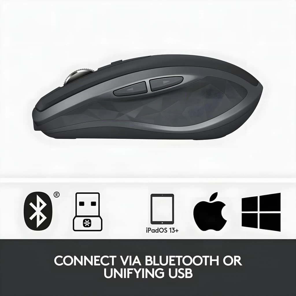 Logitech Rato MX Anywhere 2S Grafite, vista lateral: perfil com roda e botões laterais, compatível Bluetooth e USB Unifying