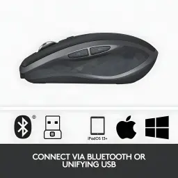 Logitech Rato MX Anywhere 2S Grafite, vista lateral: perfil com roda e botões laterais, compatível Bluetooth e USB Unifying