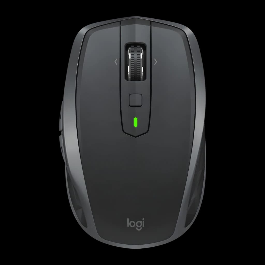 Logitech Rato MX Anywhere 2S Grafite, vista superior: roda de deslocamento, botão central e LED verde indicador de bateria