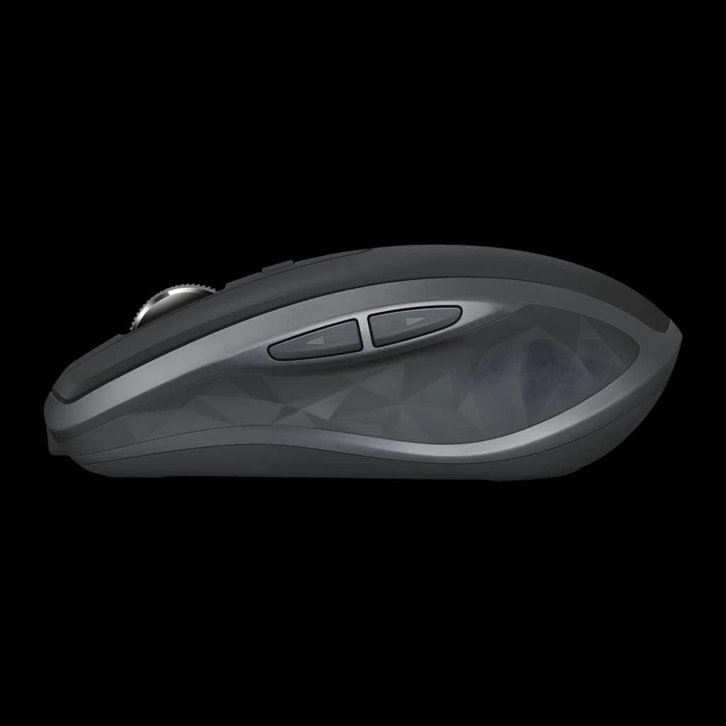 Logitech Rato MX Anywhere 2S Grafite, vista lateral: roda de scroll, botões laterais e textura geométrica em cinzento