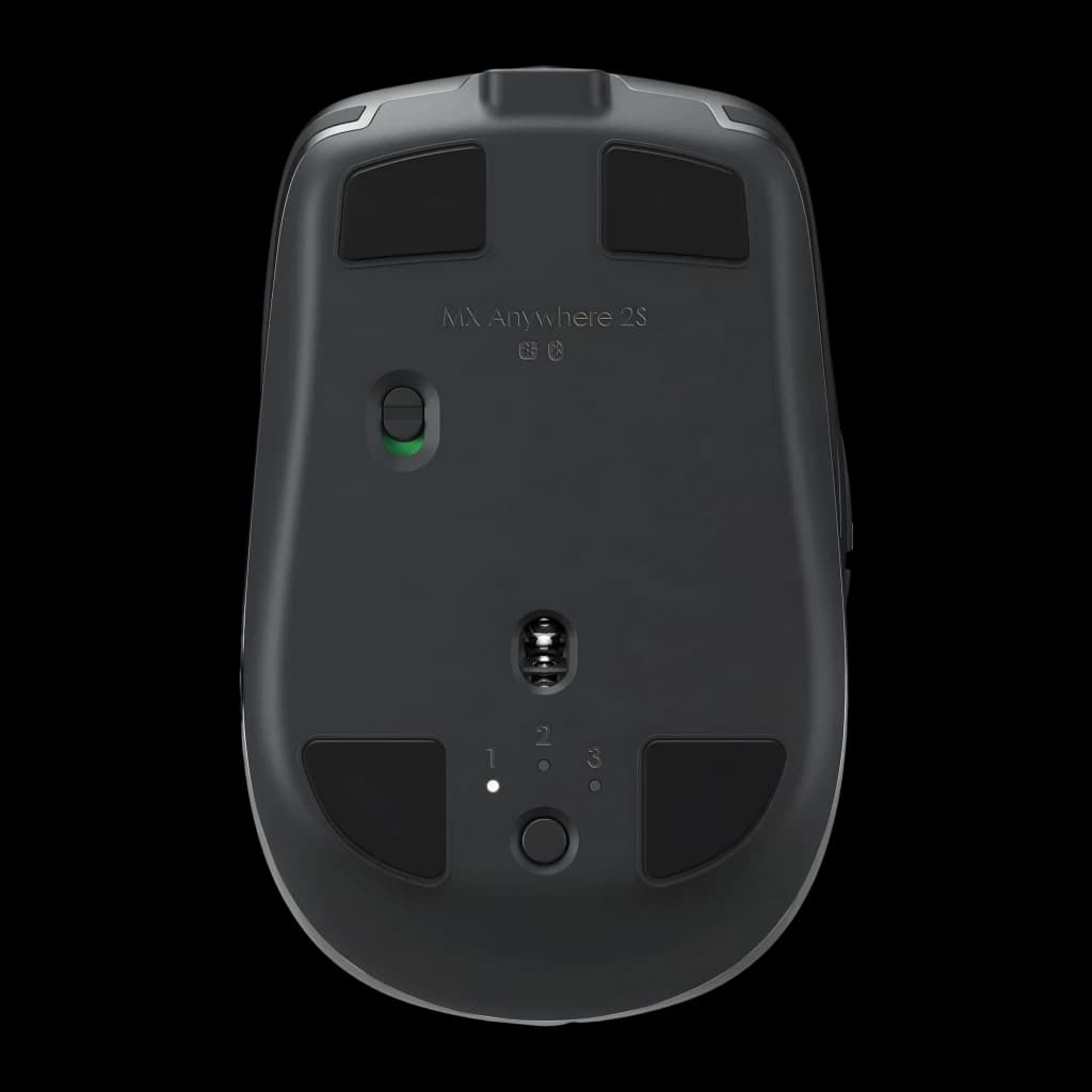 Logitech Rato MX Anywhere 2S Grafite, vista inferior: sensor óptico, botão Easy-Switch e pés deslizantes
