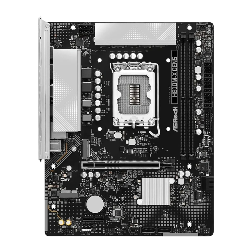 ASRock H810M-X Gen5 128GB, carte mère et boîte: vue de face de la carte micro ATX LGA1851 avec son emballage - Ítem1