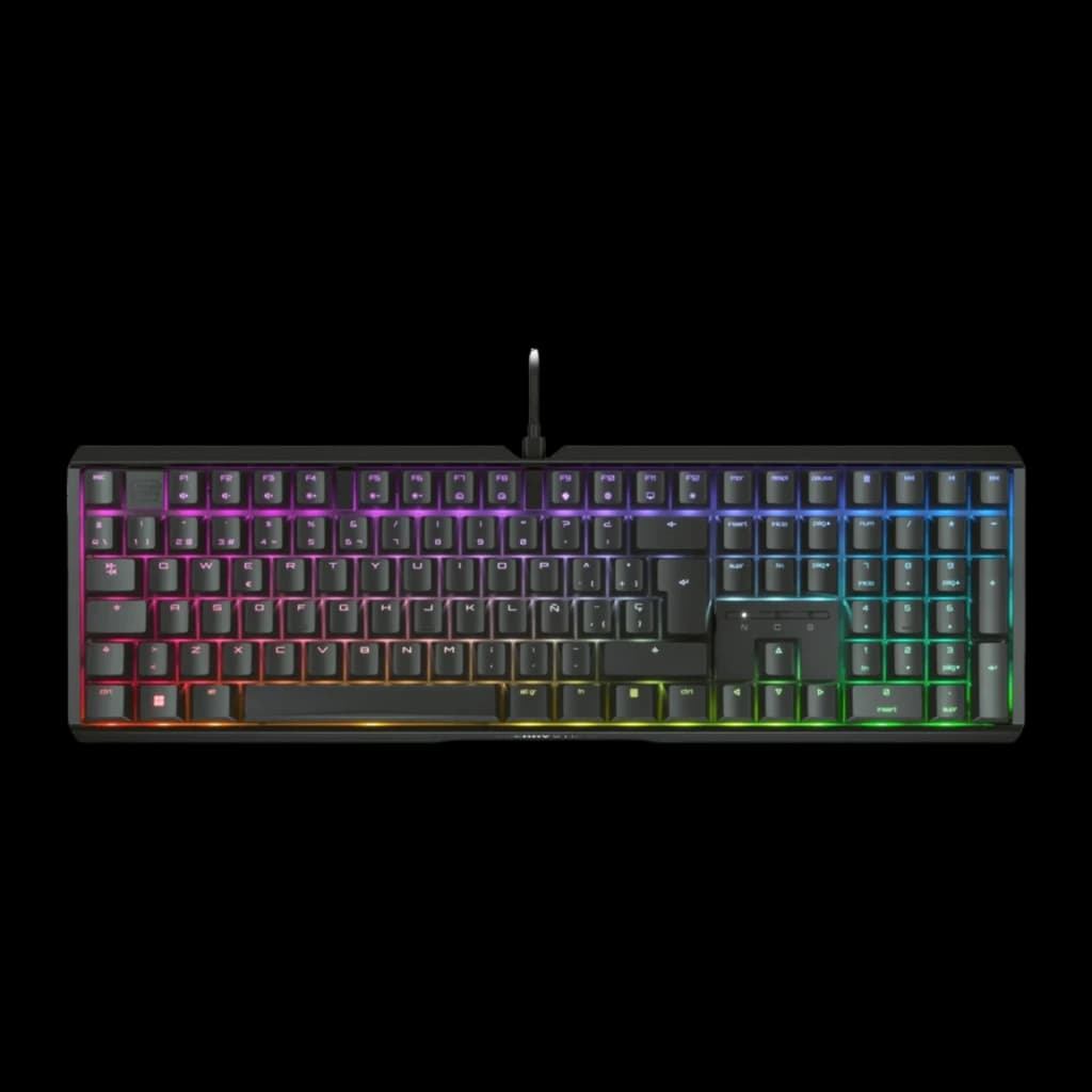 Cherry XTRFY MX 3.1 RGB QWERTY negro, vista superior: teclado completo con iluminación RGB multicolor en teclas