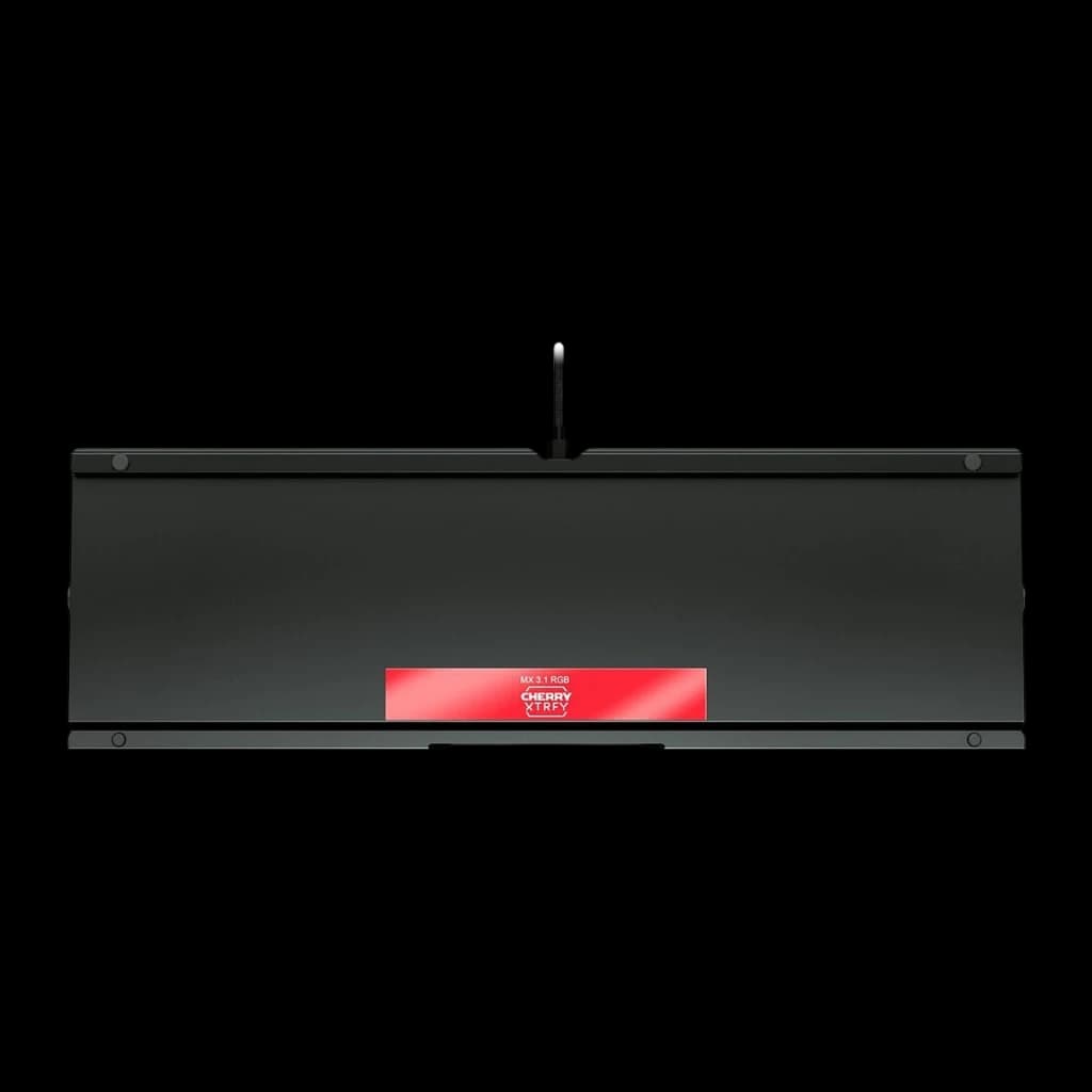 Cherry XTRFY MX 3.1 RGB QWERTY negro, vista trasera: base negra con etiqueta roja Cherry XTRFY y cable USB