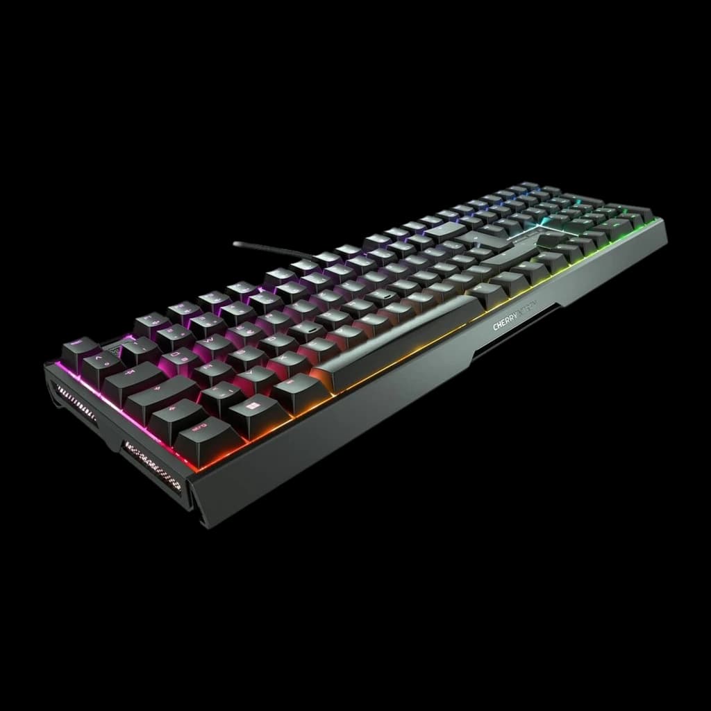 Cherry XTRFY MX 3.1 RGB QWERTY negro, vista en perspectiva: teclas mecánicas y borde lateral con iluminación RGB