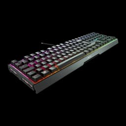 Cherry XTRFY MX 3.1 RGB QWERTY negro, vista en perspectiva: teclas mecánicas y borde lateral con iluminación RGB