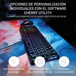 Cherry XTRFY MX 3.1 RGB QWERTY negro, vista superior en escritorio: teclado con iluminación RGB multicolor sobre alfombrilla