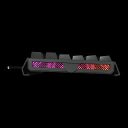 Cherry XTRFY MX 3.1 RGB QWERTY Negro, vista lateral: iluminación RGB rosa y naranja en panel frontal con cable trenzado