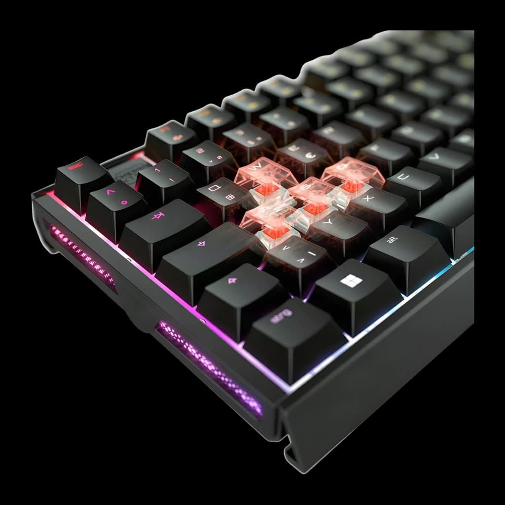Cherry XTRFY MX 3.1 RGB QWERTY Español Negro, vista angular: switches mecánicos rojos expuestos con iluminación RGB rosa