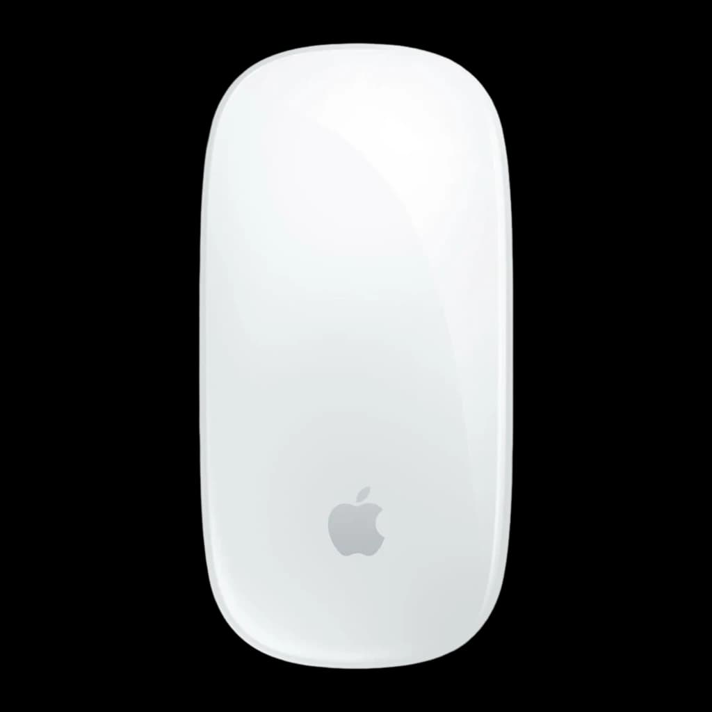Apple Magic Mouse Multi-Touch blanco, vista superior: superficie táctil lisa con logo Apple centrado