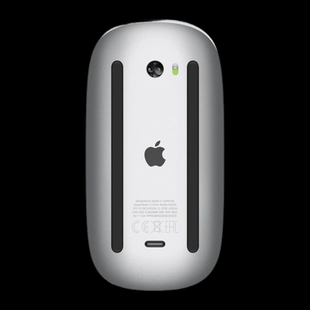 Apple Magic Mouse Multi-Touch blanco, vista inferior: sensor óptico, indicador LED verde y puerto Lightning