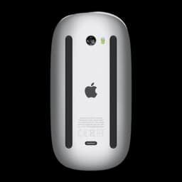 Apple Magic Mouse Multi-Touch blanco, vista inferior: sensor óptico, indicador LED verde y puerto Lightning