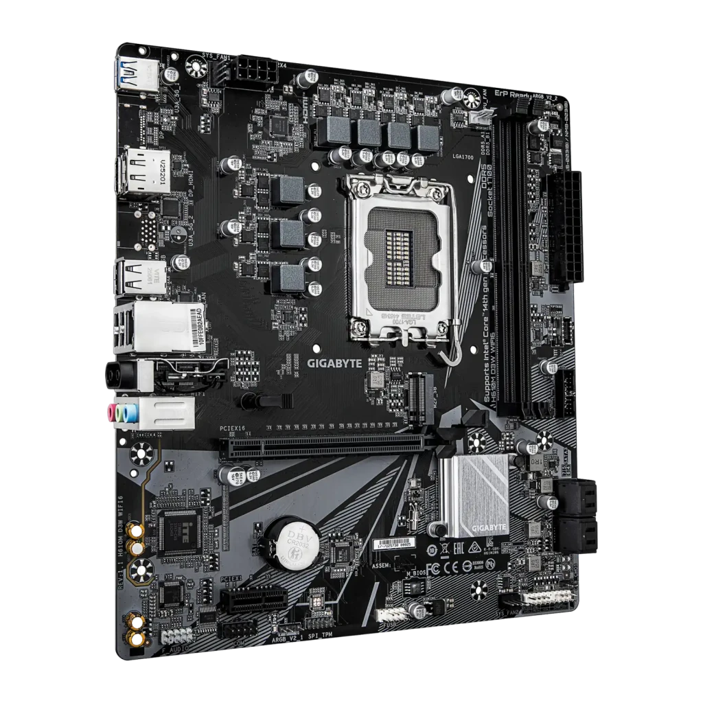 Gigabyte H610M D3W WIFI6 placa-mãe, vista frontal com caixa: placa Micro-ATX e embalagem Ultra Durable com antena Wi-Fi - Item2