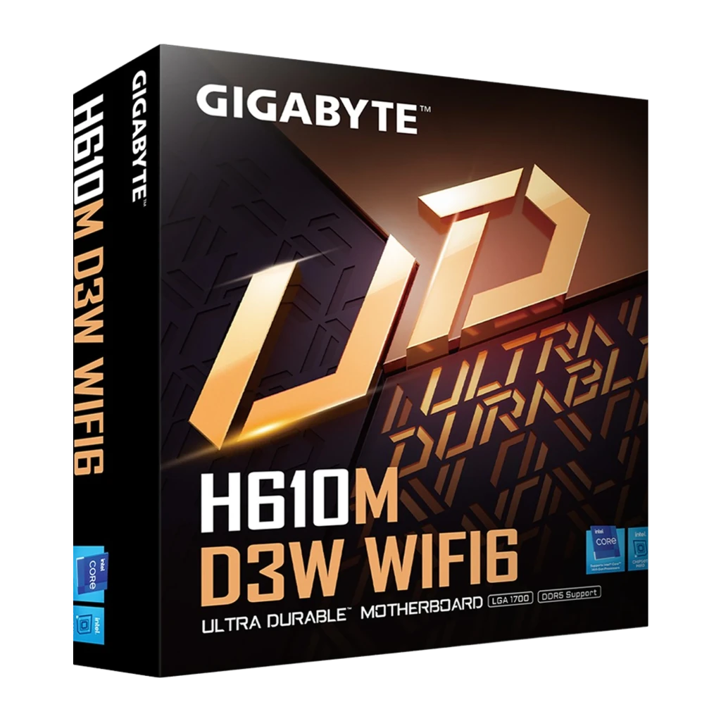 Gigabyte H610M D3W WIFI6 placa-mãe, vista frontal com caixa: placa Micro-ATX e embalagem Ultra Durable com antena Wi-Fi - Item3
