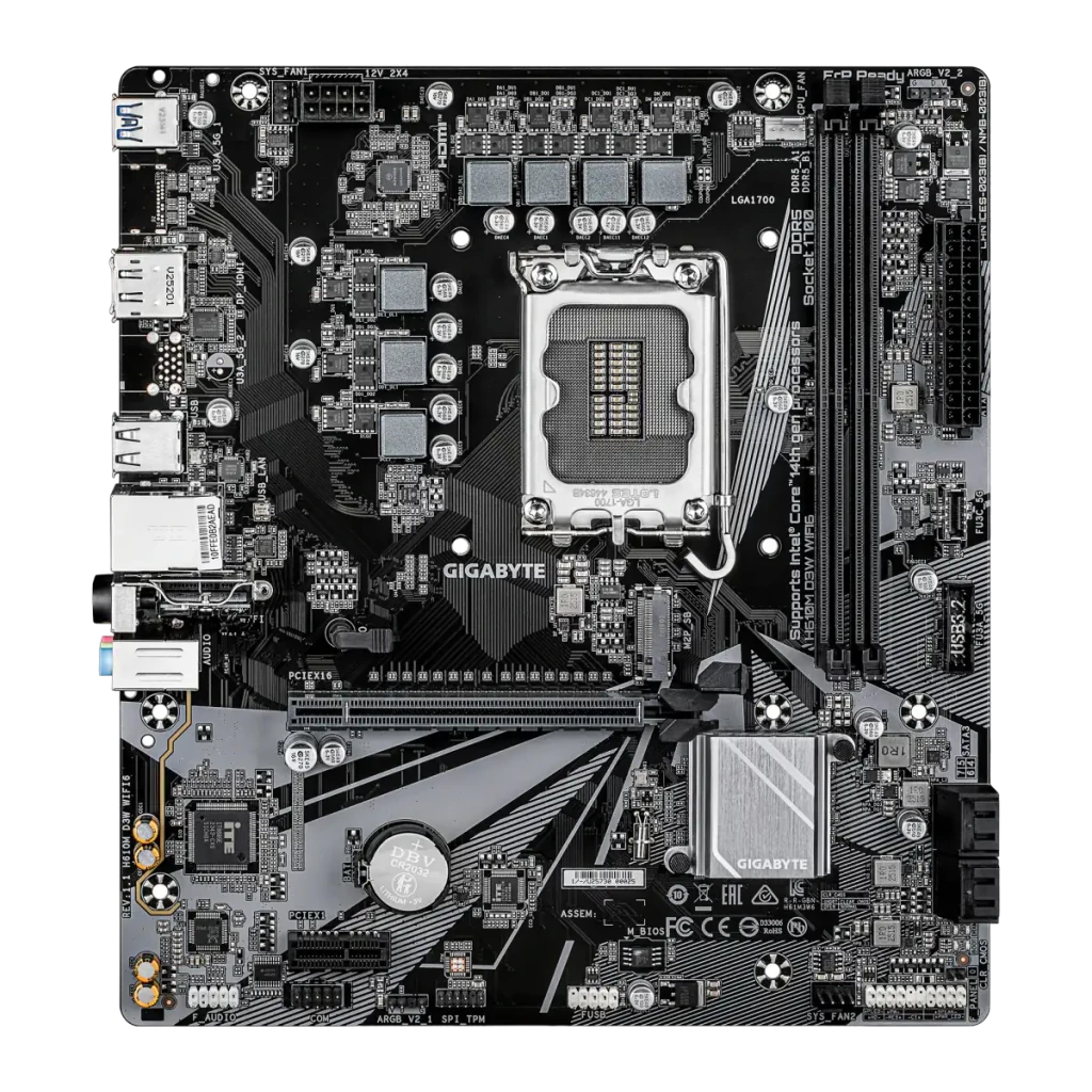 Gigabyte H610M D3W WIFI6 placa-mãe, vista frontal com caixa: placa Micro-ATX e embalagem Ultra Durable com antena Wi-Fi - Item1