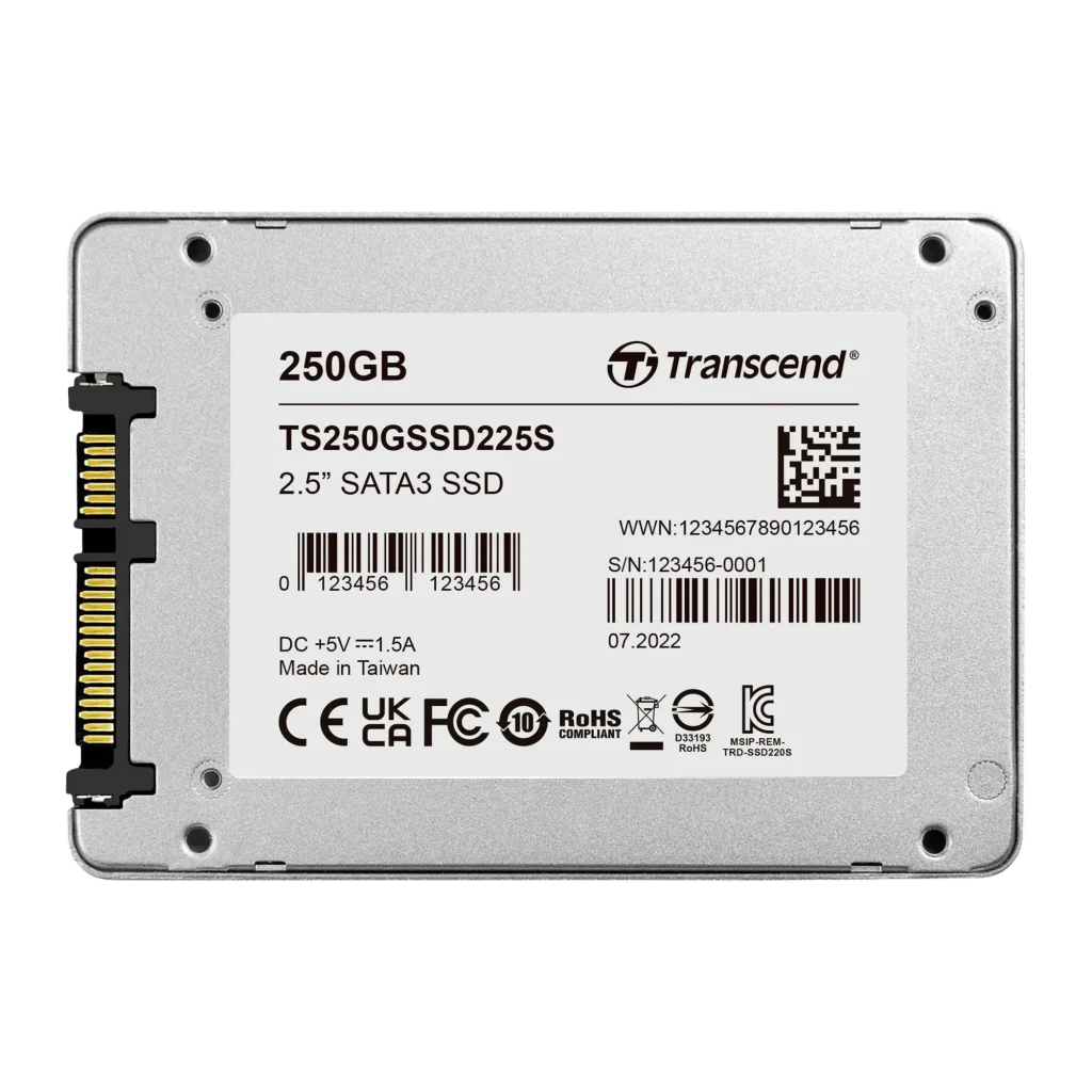 Transcend SSD225S 250GB prateado, vista frontal: carcaça de alumínio com logótipo e modelo gravados - Item1