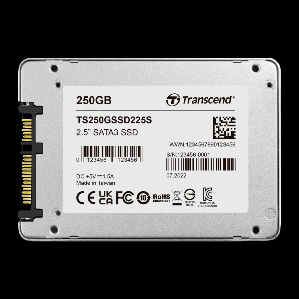 Transcend SSD225S 250GB argenté, vue arrière: étiquette avec référence TS250GSSD225S et connecteur SATA3