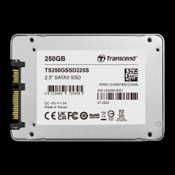 Transcend SSD225S 250GB argenté, vue arrière: étiquette avec référence TS250GSSD225S et connecteur SATA3