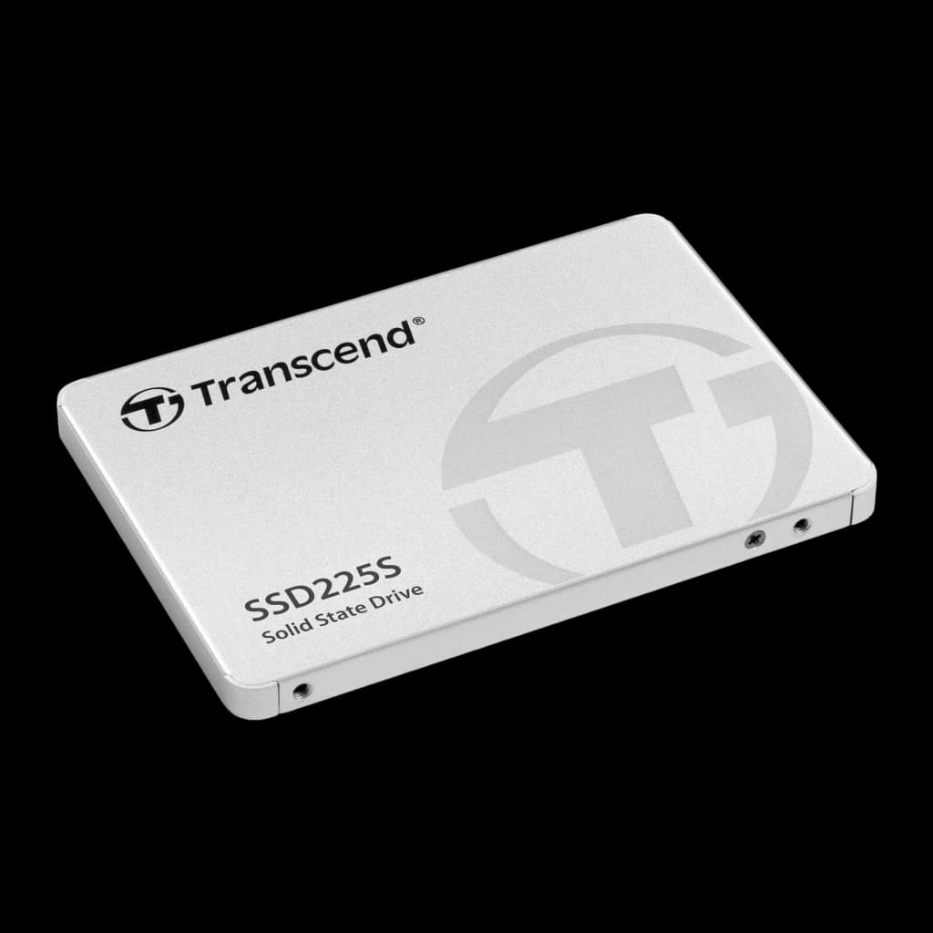 Transcend SSD225S 250GB argenté, vue en perspective: boîtier aluminium montrant la face supérieure et le côté