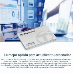 Transcend SSD225S 250GB argent, vue avant: SSD 2,5" sur fond de bureau avec moniteur et clavier