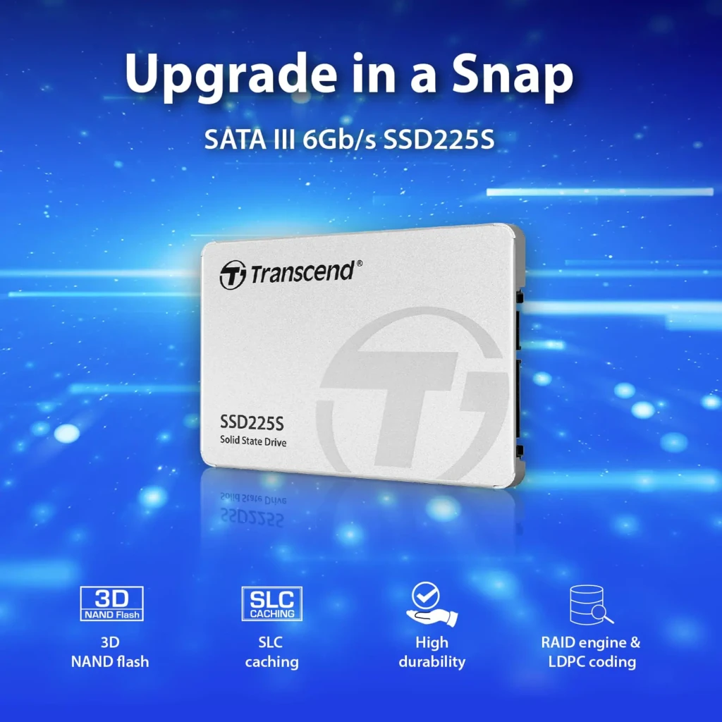 Transcend SSD225S 250GB prateado, vista frontal: carcaça de alumínio com logótipo e modelo gravados - Item6