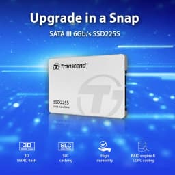 Transcend SSD225S 250GB argent, vue avant: boîtier métallique argenté avec logo, icônes 3D NAND et SLC Caching