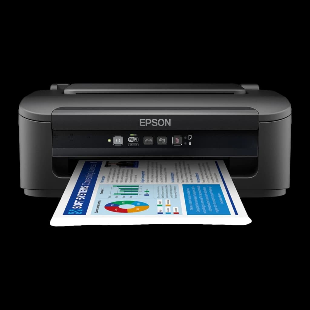 Epson WorkForce WF-2110W noir, vue de face: panneau de contrôle avec boutons WiFi et document couleur en cours d'impression