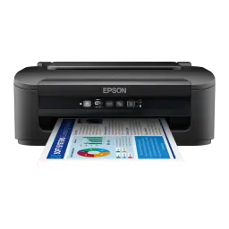Epson WorkForce WF-2110W noir, vue de face: panneau de contrôle avec boutons WiFi et document couleur en cours d'impression